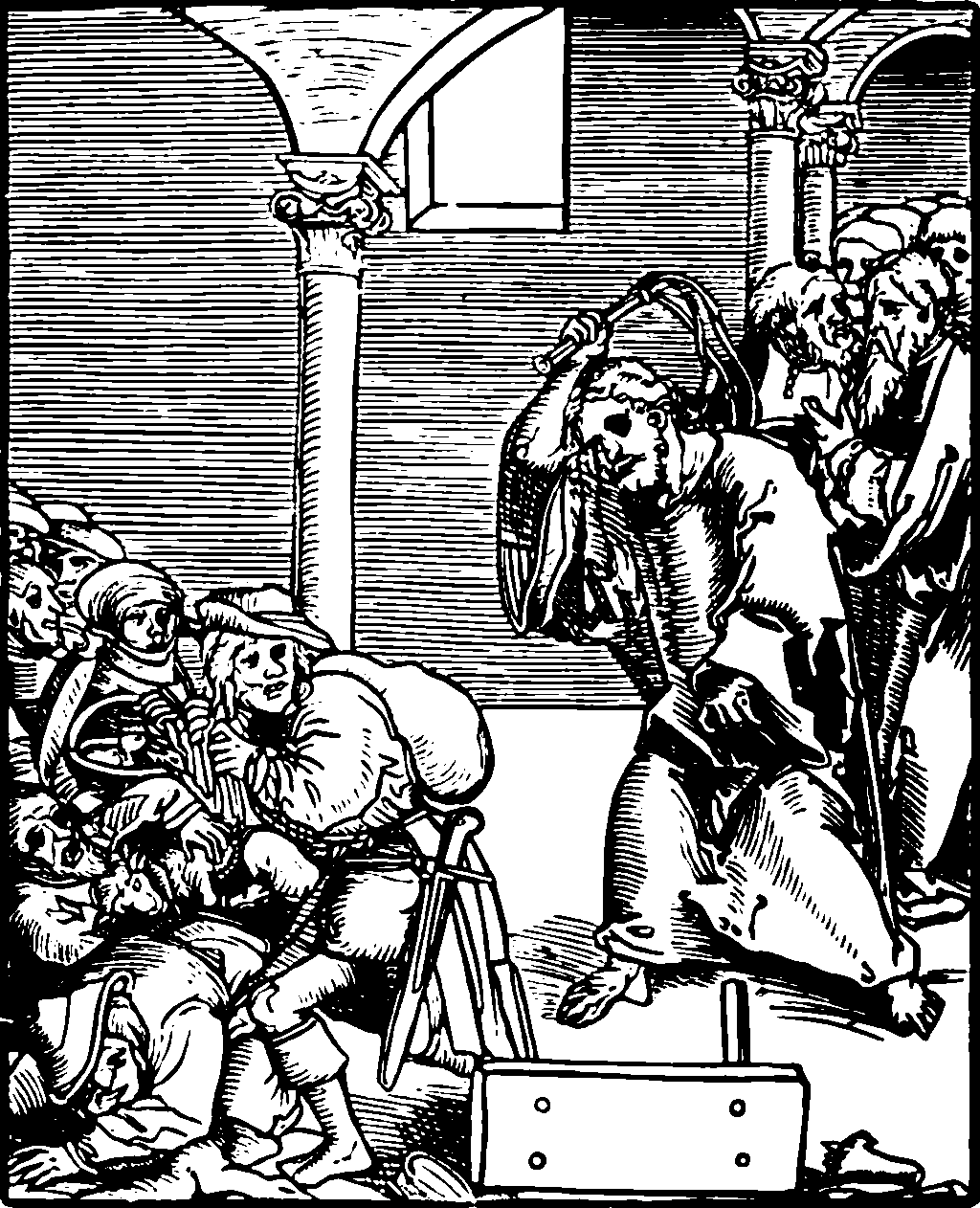 Christ drives the Usurers out of the Temple, a woodcut by Lucas Cranach the Elder in Passionary of Christ and Antichrist. Converted to black-white gif by Andy Chalkley