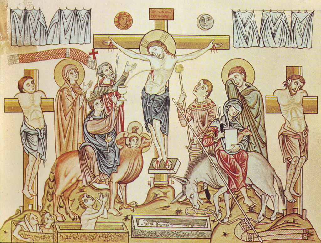 The Crucifixion of Jesus of Nazareth, medieval illustration from the Hortus deliciarum of Herrad of Landsberg (12th century). Creative Commons Attribute - Andy Chalkley. www.andychalkley.com.au